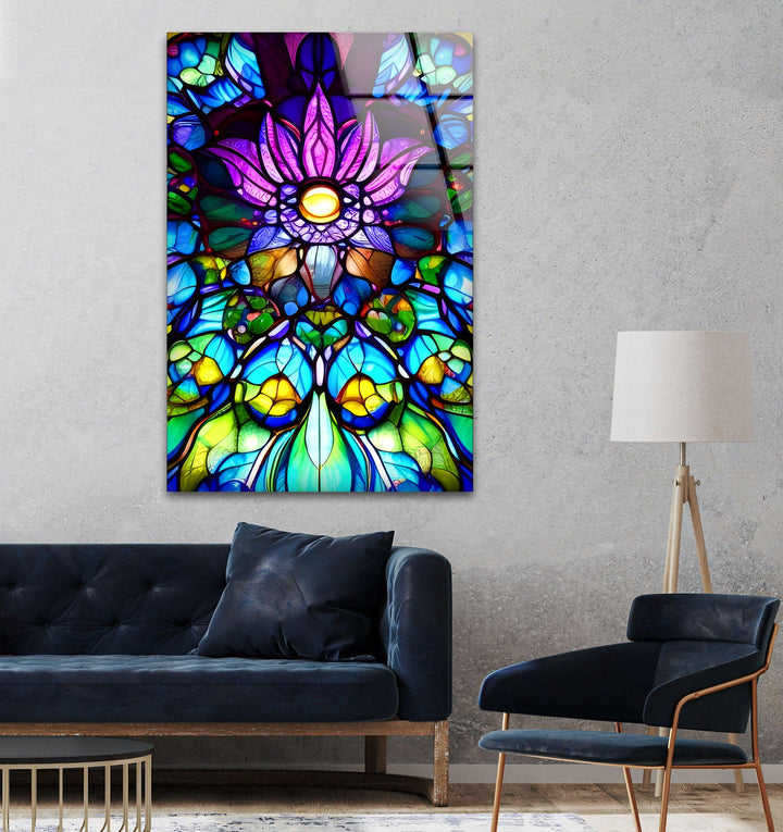 Stained Purple Floral Glass Wall Art, glass photo prints, glass picture prints