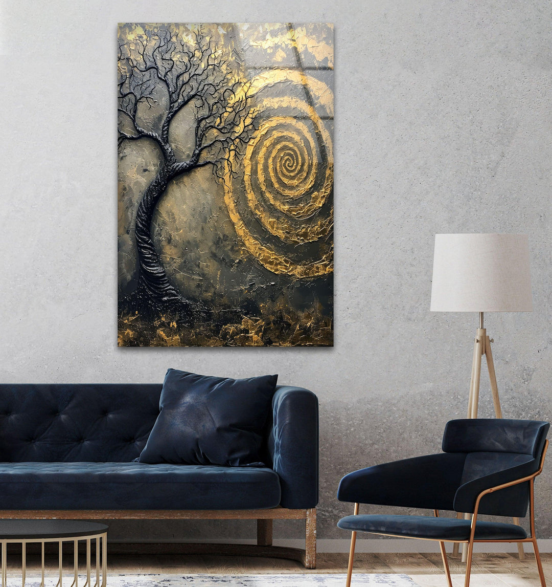 Golden Vortex and Tree Glass Wall Art