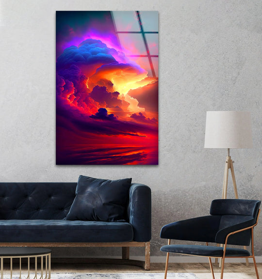 Landscape glass wall art fiery celestial storm abstract cloudscape featuring vivid colors and sunset elements plus modern home decor