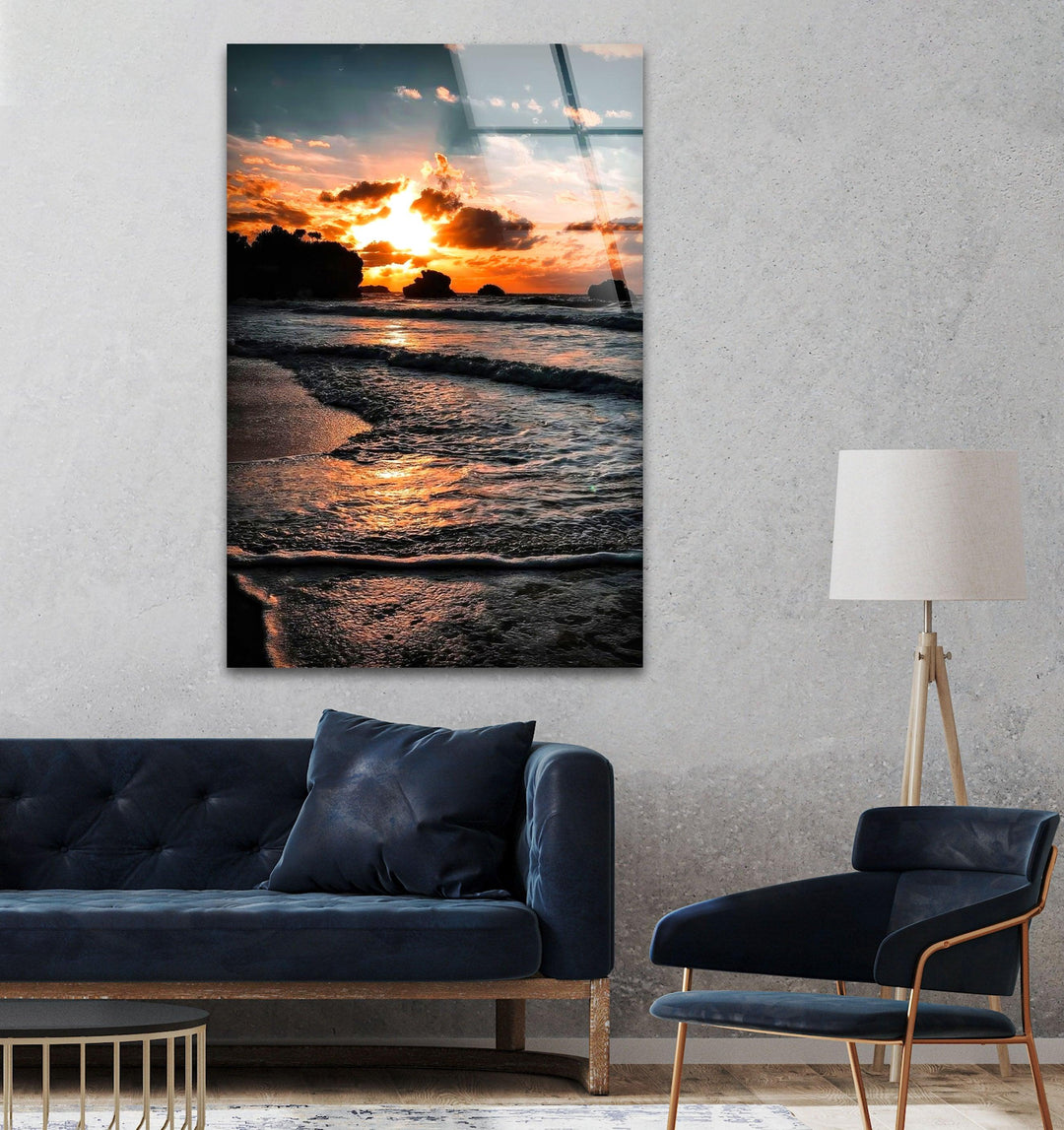 Captivating beach sunset view with vibrant golden colors and a peaceful coastline.

