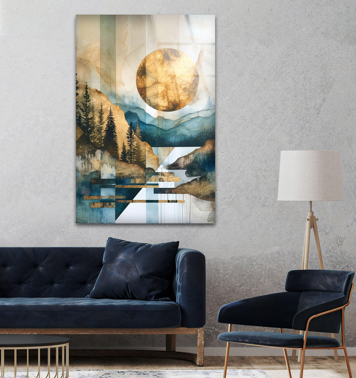 A tranquil geometric mountain and nature scene, with a golden sun, in modern glass wall art.
