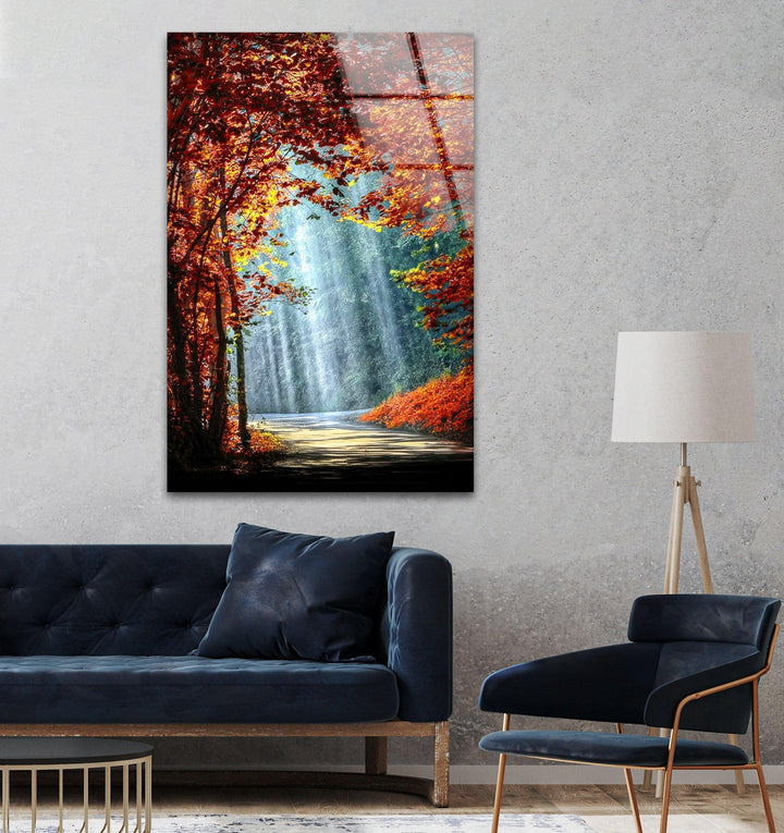 Captivating fall forest with a dreamy pathway framed by rich, vibrant foliage.
