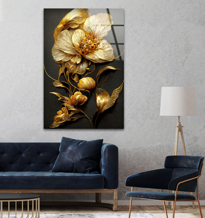 Elegant Golden Flower Glass Wall Art, glass image printing, glass prints from photos