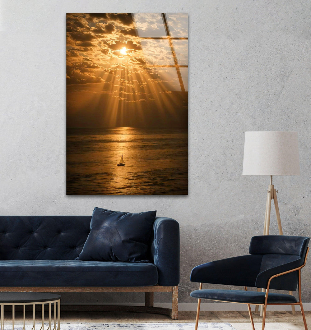 Coastal Tranquility in Golden Light - Captivating glass wall art showcasing a serene sunset over the ocean.
