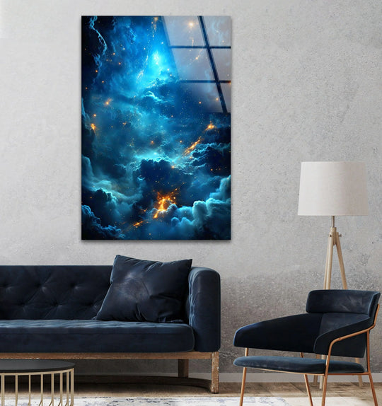 Showing the realistic detail, this celestial sky cosmic art print on glass presents an ethereal landscape of twinkling stars and vibrant blue wall art prints.