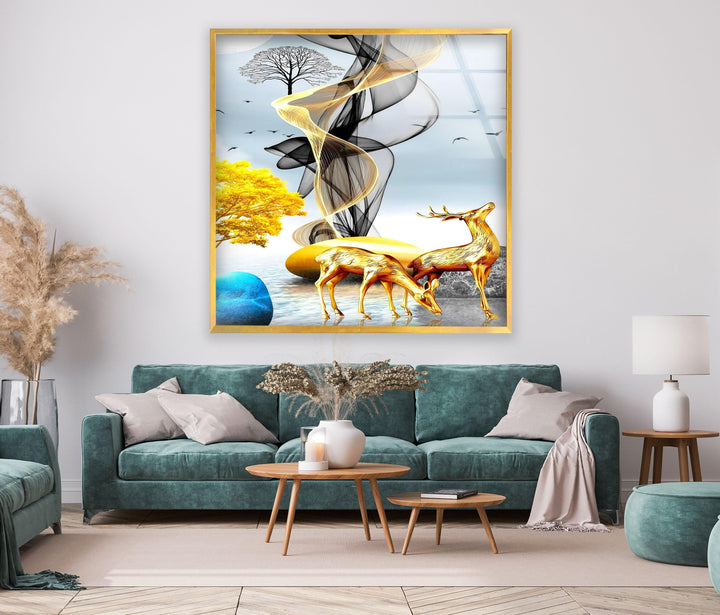 Golden Deer Glass Wall Art print picture on glass,Tempered Glass Wall Art