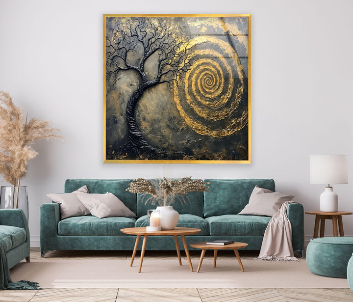 Golden Vortex and Tree Glass Wall Art