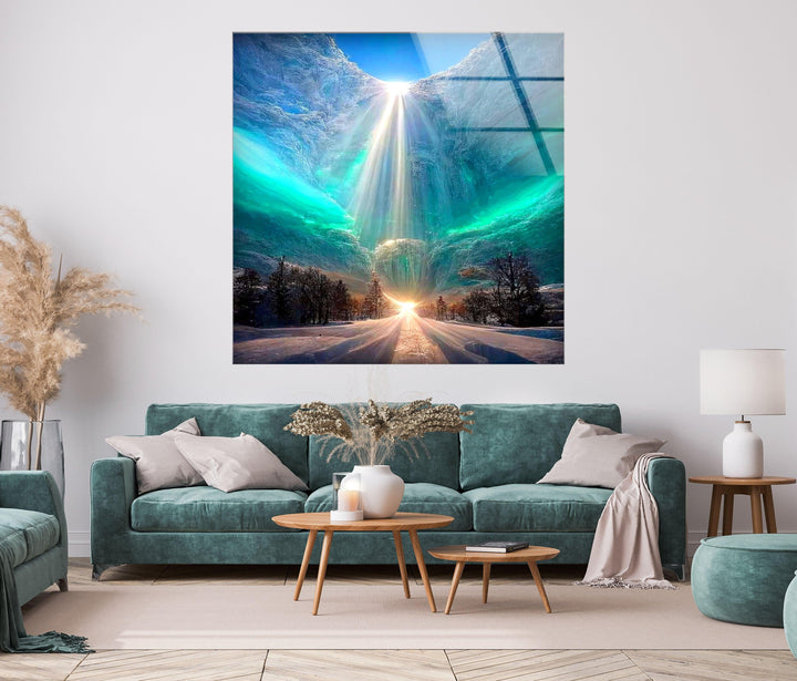 Serene snowy pathway glass artwork with an awe-inspiring celestial glow.
