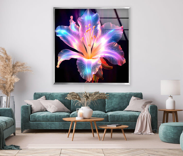 Neon Lily Flower Glass Wall Art, large glass photo prints, glass wall photos