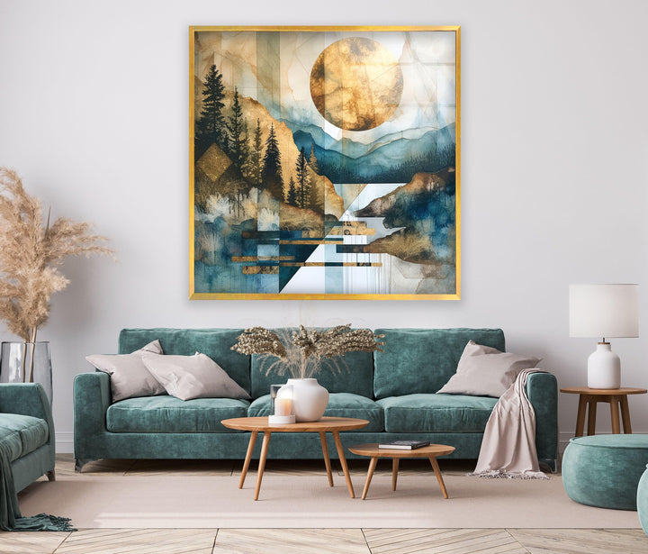 Abstract Golden Sun Glass Wall Art depicting a peaceful yet modern landscape with geometric forms.
