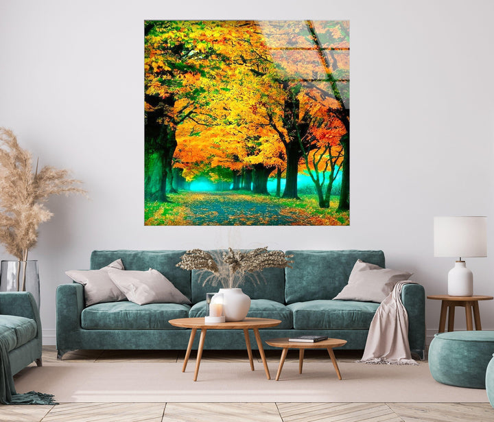 Golden-hued autumn trees lining a peaceful pathway, transformed into glass wall art.
