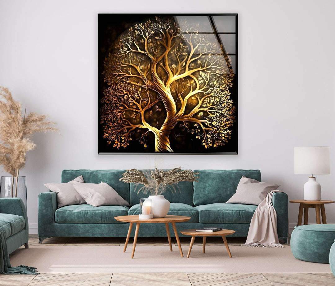 Golden Life of Tree Glass Wall Art, art glass wall art, glass wall art pictures