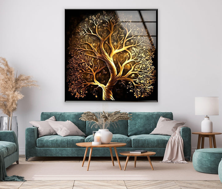 Golden Life of Tree Glass Wall Art, art glass wall art, glass wall art pictures