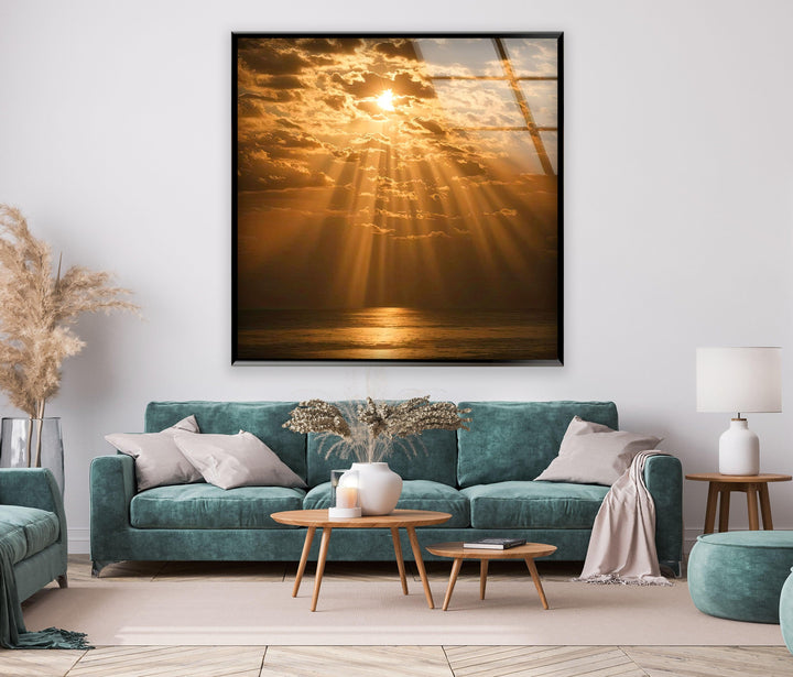 Sailing into the Sunset - Stunning glass wall art of a tranquil sailing journey at sunset, bringing peaceful energy to your space.
