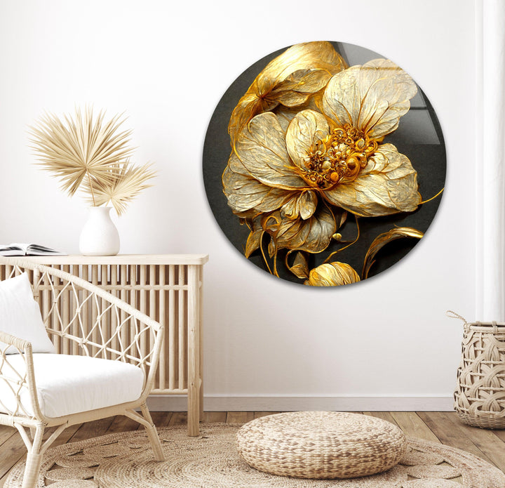 Elegant Golden Flower Glass Wall Art, Glass Printing Wall Art, Print photos on glass