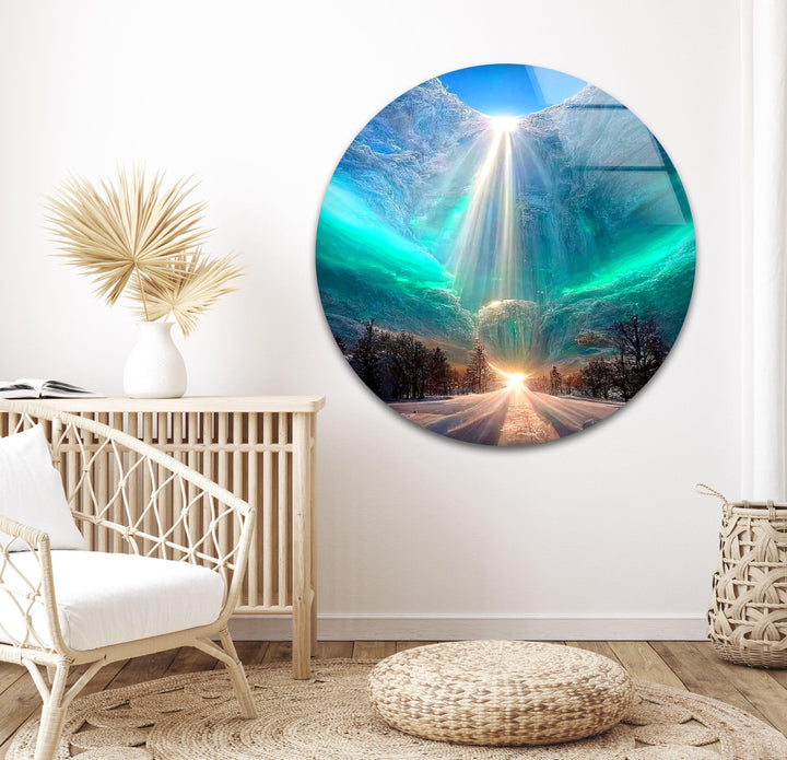 Dreamlike winter scene glass wall décor with heavenly beams of light.
