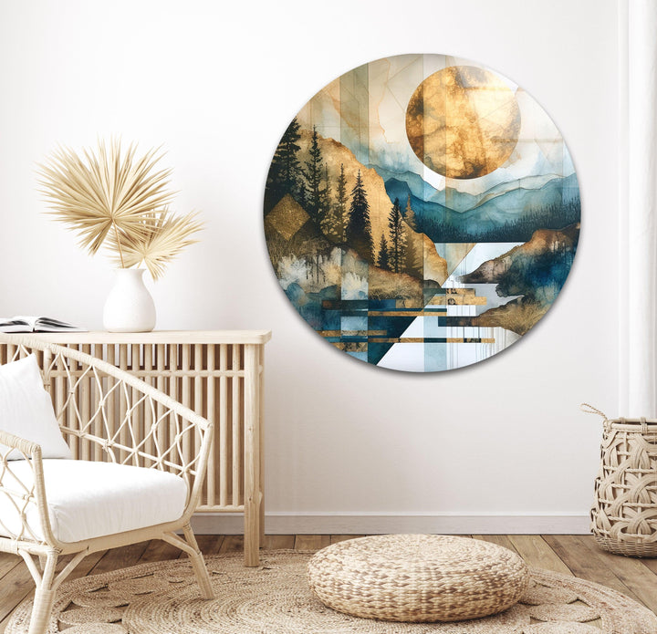 Vibrant mountain landscape with geometric elements and a radiant golden sun in glass artwork.
