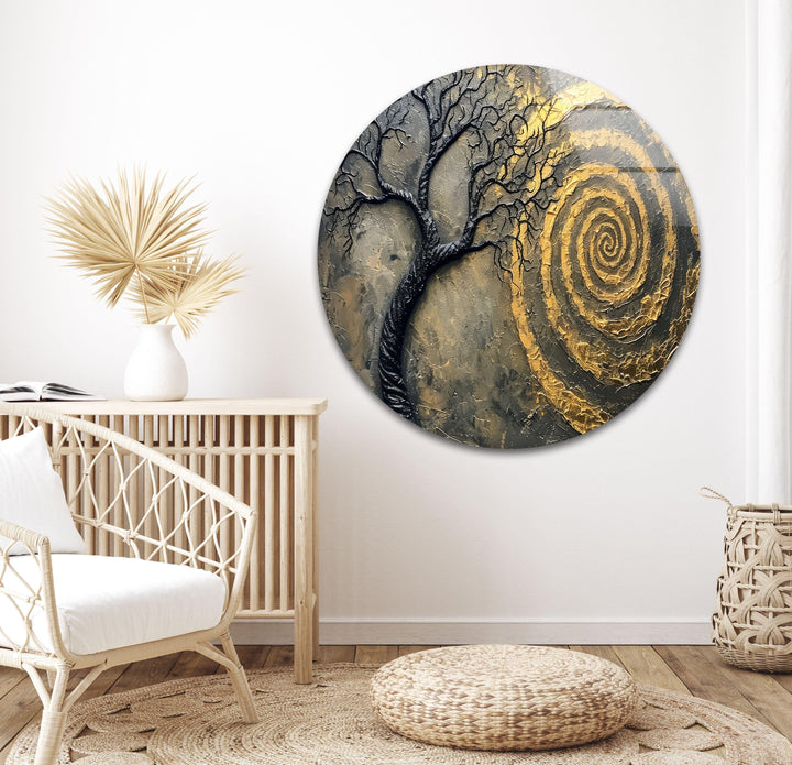 Golden Vortex and Tree Glass Wall Art