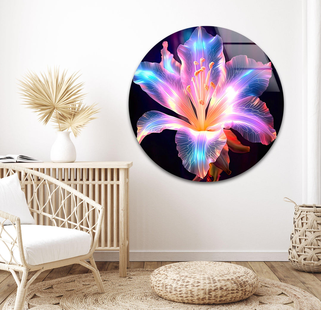 Neon Lily Flower Glass Wall Art, photo print on glass, prints on glass wall art