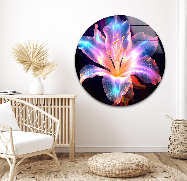Neon Lily Flower Glass Wall Art, photo print on glass, prints on glass wall art