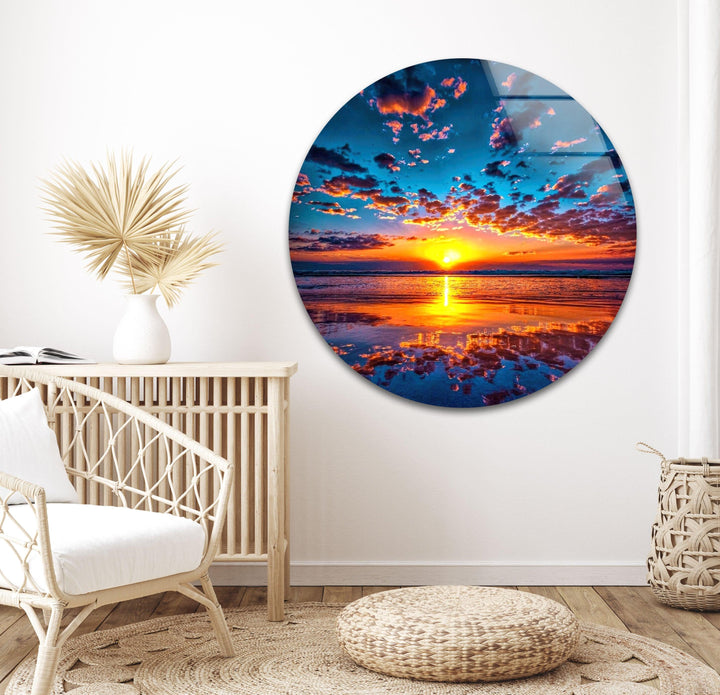 Reflective Golden Sunset: Capturing the perfect moment as the sun sets over a serene beach.
