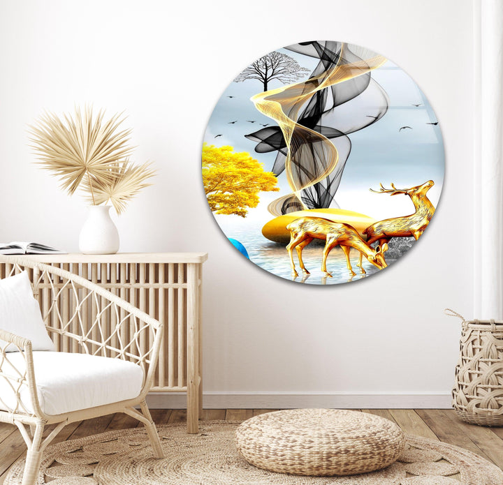 Golden Deer Glass Wall Art print on glass, glass printed photos