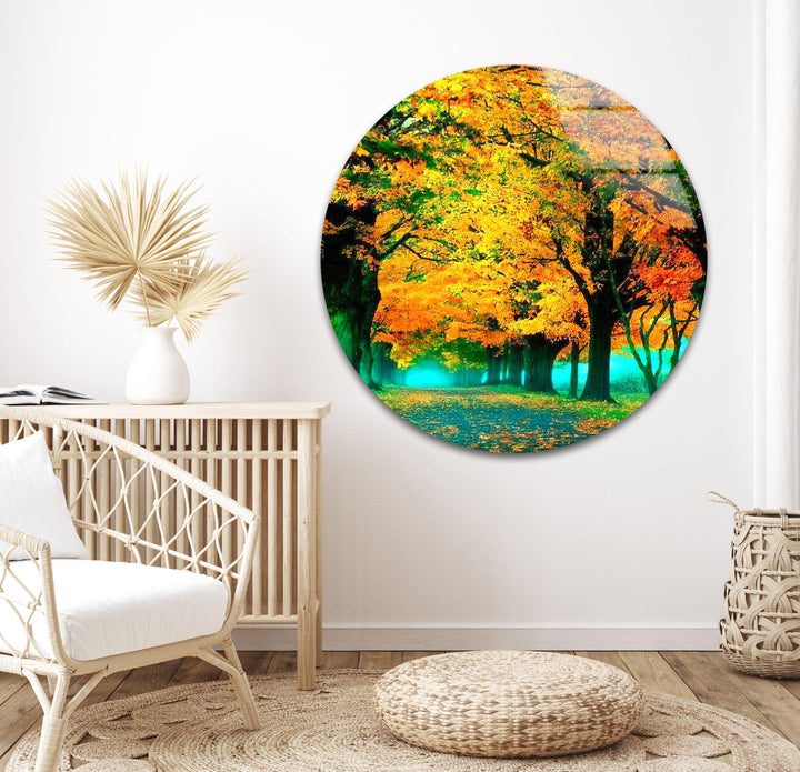 A picturesque fall forest pathway, ideal for nature lovers and seasonal wall décor.
