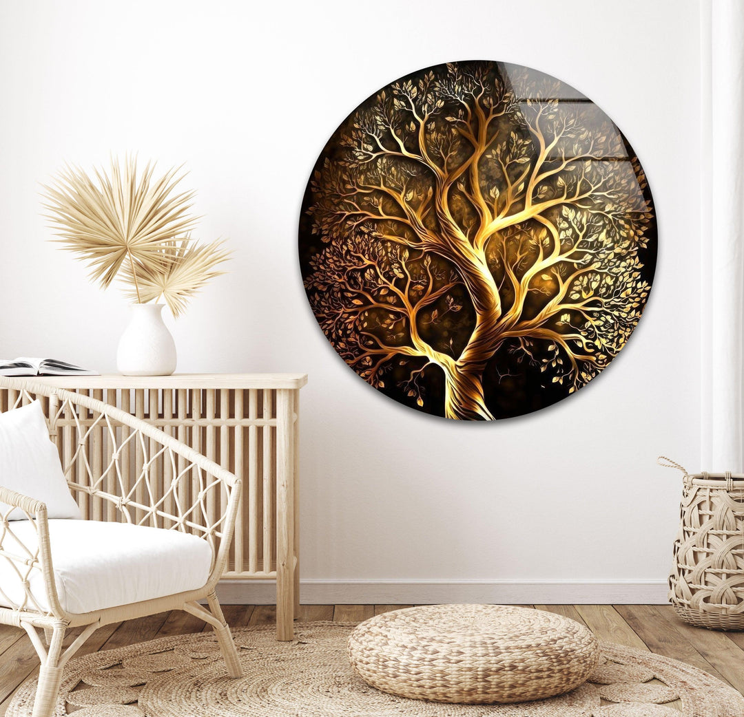 Golden Life of Tree Glass Wall Art, glass art painting, glass art for the Wall