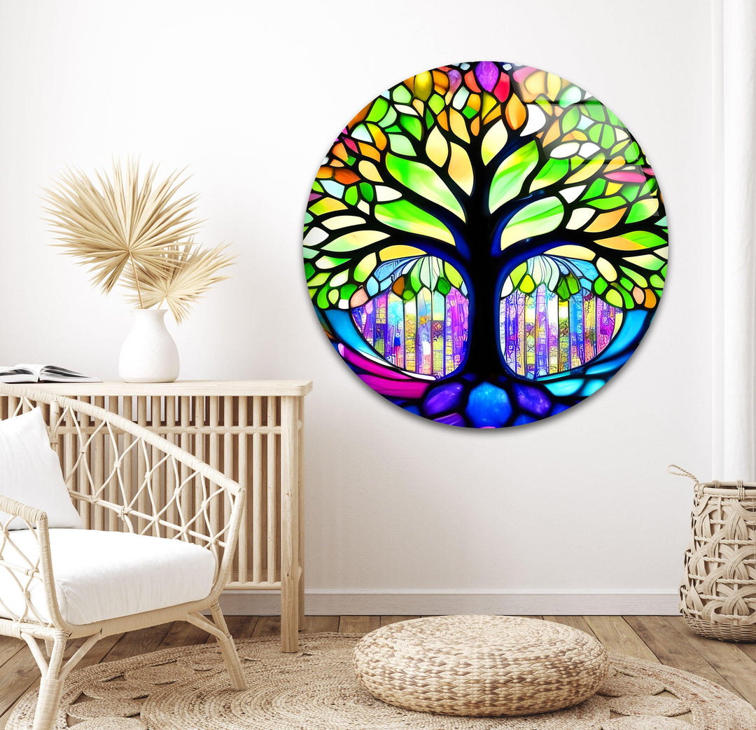 Stained Life Of Tree Glass Wall Art, glass art painting, glass art for the Wall