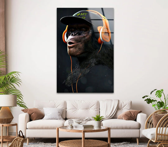 A thoughtful monkey with orange headphones gazes out from this layered art from glass, offering a captivating sense of depth.
