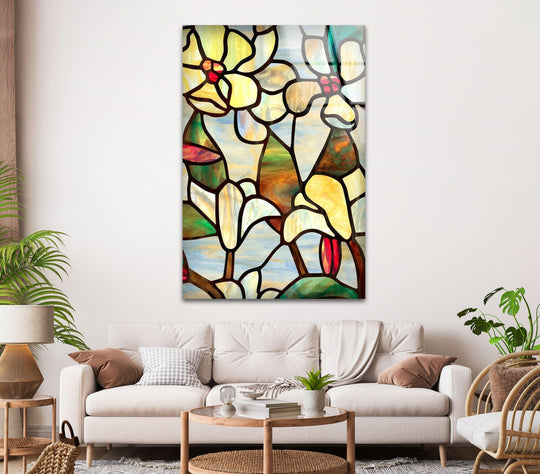Depth and layers are captured in this floral art piece showcasing the elegance of the tempered glass wall art with stained effects, creating a visually stunning design.