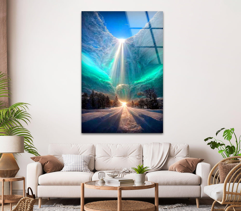 Ethereal glass wall art showcasing a breathtaking snowy path with divine illumination.
