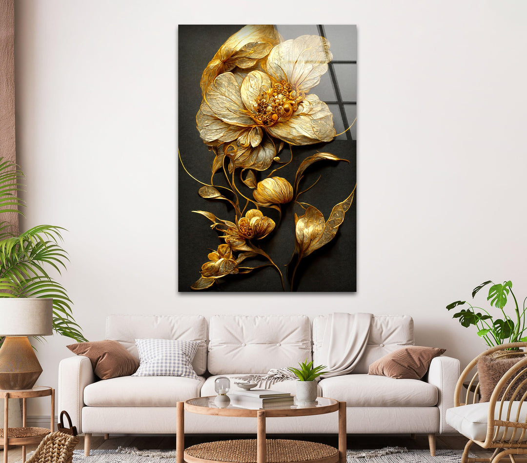 Elegant Golden Flower Glass Wall Art, glass photo prints, glass picture prints