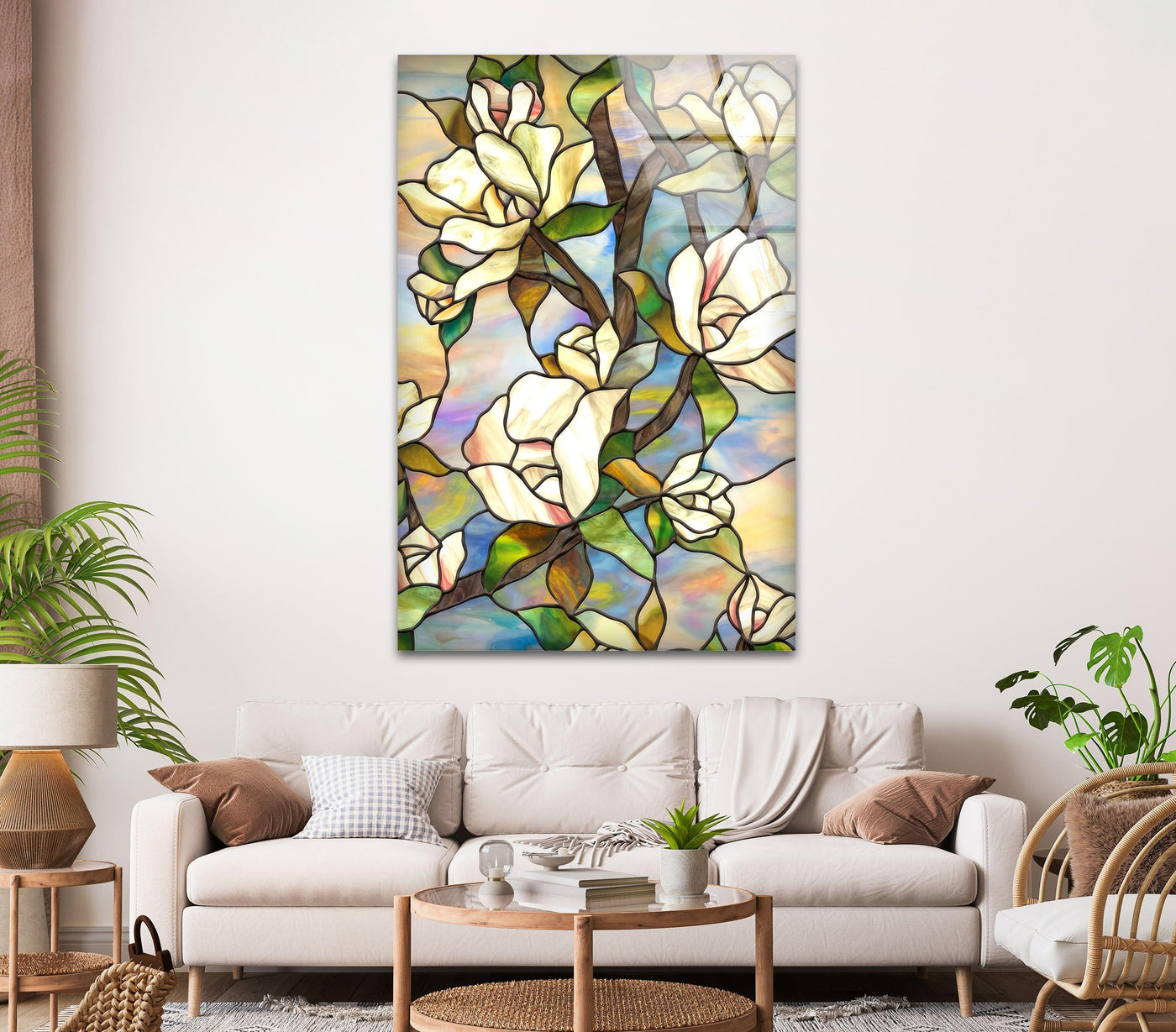 Magnolia glass wall art, a delicate floral home decor piece, showcases realistic details with white petals against a vibrant, stained-glass background.