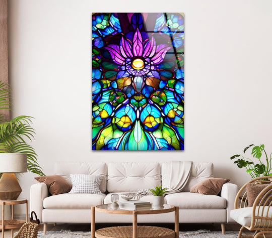 Brightest area features the glowing yellow center of the stained purple floral glass wall art, a radiant focal point achieved through superior glass printing.