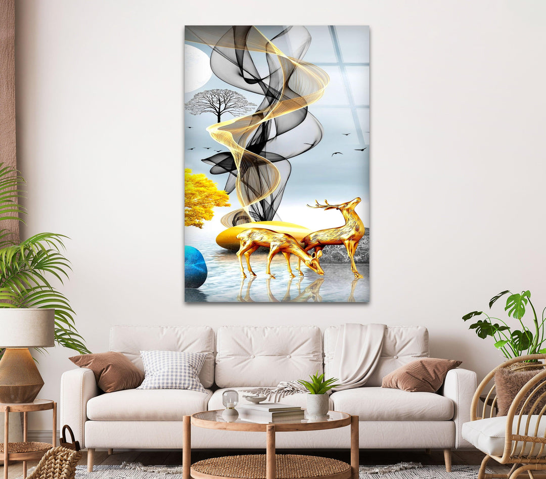 Golden Deer Glass Wall Art glass art painting, glass art for the Wall