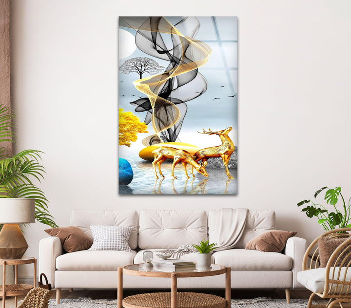 Golden Deer Glass Wall Art glass art painting, glass art for the Wall
