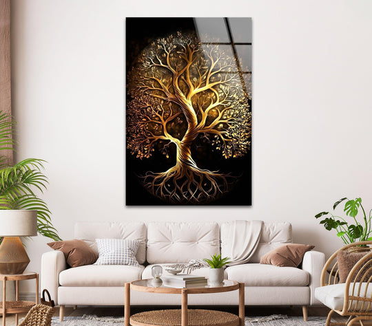 Golden Life of Tree Glass Wall Art, glass wall decor, glass wall art decor