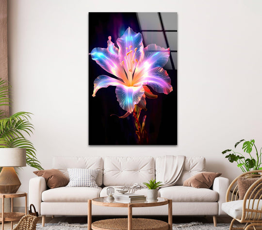 Tranquil mood conveyed by the neon lily flower glass wall artwork, bringing an elegant and radiant floral print to the forefront of the living space.