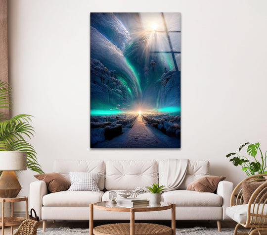 Intense color saturation enhances this 'Celestial Ice Gateway' glass art painting, showcasing a surreal winter landscape bathed in otherworldly, radiant light.