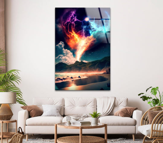 Warm hues meet cool tones in this 'Celestial Firestorm' print wall art, a breathtaking cosmic beach scene displaying a wide color temperature spectrum on glass.