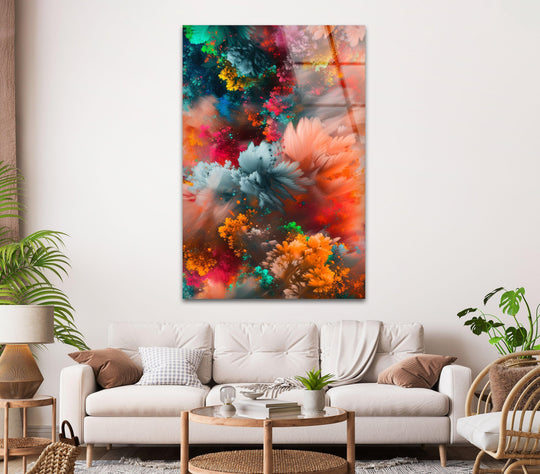 Explosions of colors abstract art, a vibrant art from glass, explodes with dynamic hues and textured floral forms.
