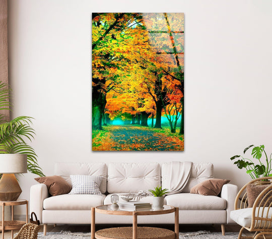 Evoking a serene mood, the golden autumn pathway is vibrant fall forest art from glass, reflecting crisp colors and fallen leaves, perfect for seasonal decor.