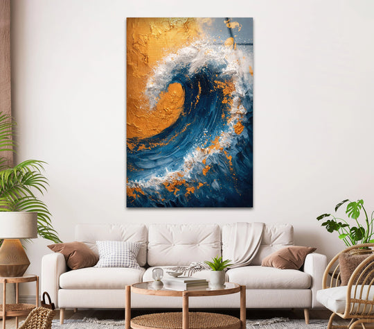 The statement canvas wall art shows an ocean wave with gold and blue textures and it is luxury ocean wall decor and abstract wall art and modern home decor
