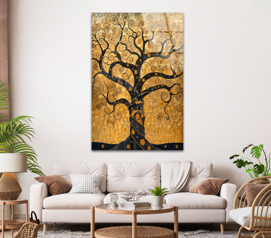 Light and shadow interplay across the Mosaic Golden Tree Of Life glass decorative wall art, highlighting the texture and depth of the golden mosaic.