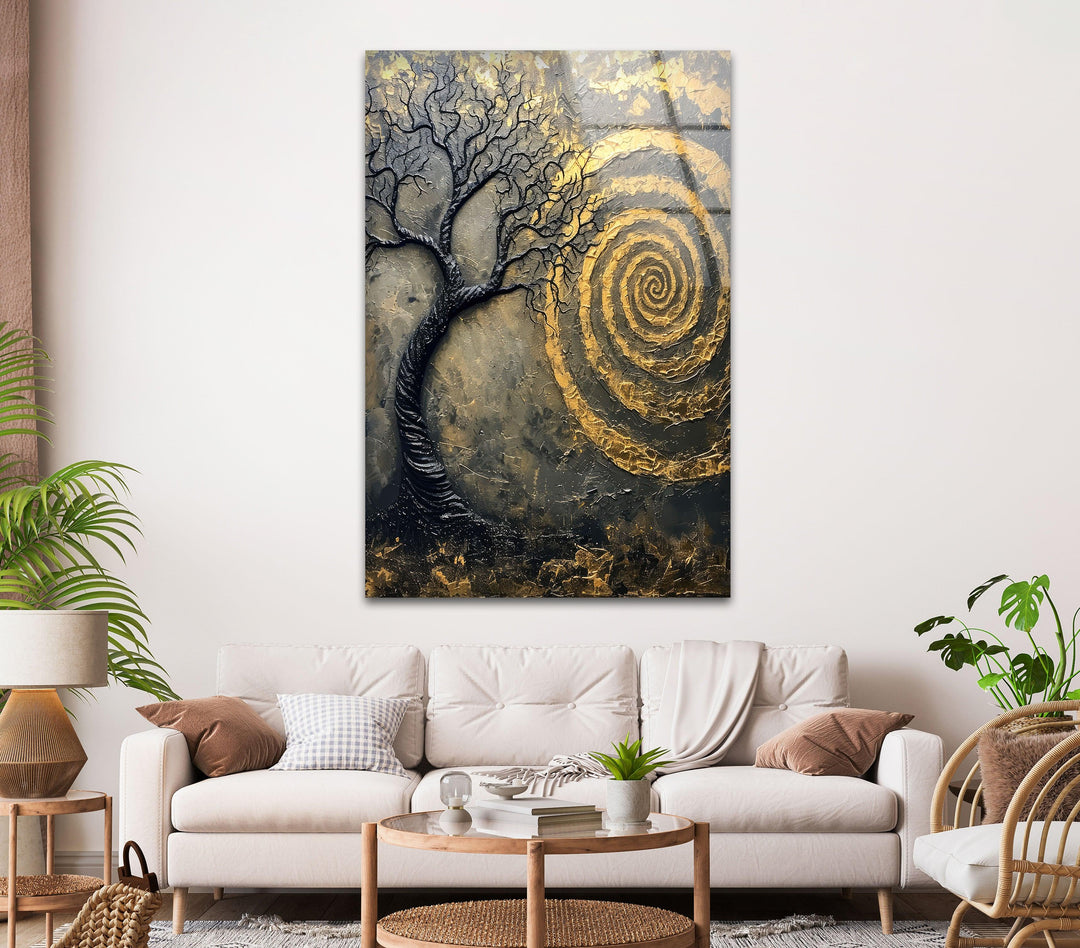 Golden Vortex and Tree Modern Glass Photo Prints for Walls