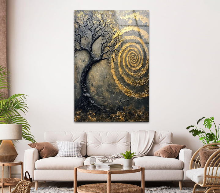 Golden Vortex and Tree Modern Glass Photo Prints for Walls