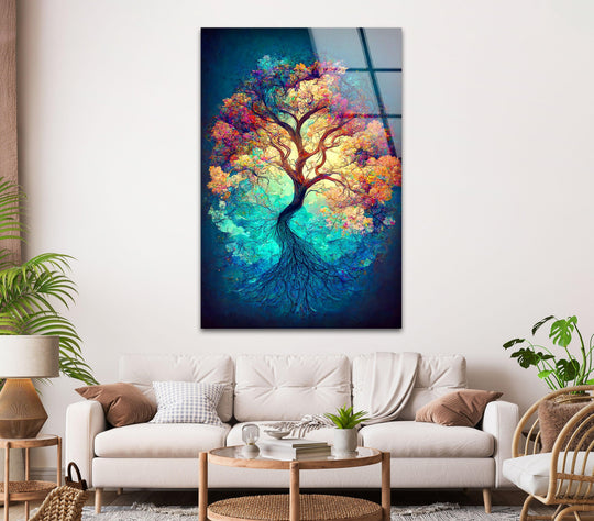 Deepest shadows define the enchanting Old Big Green Tree glass wall art decor, enhancing the vibrancy of its branches and roots in this captivating scene.