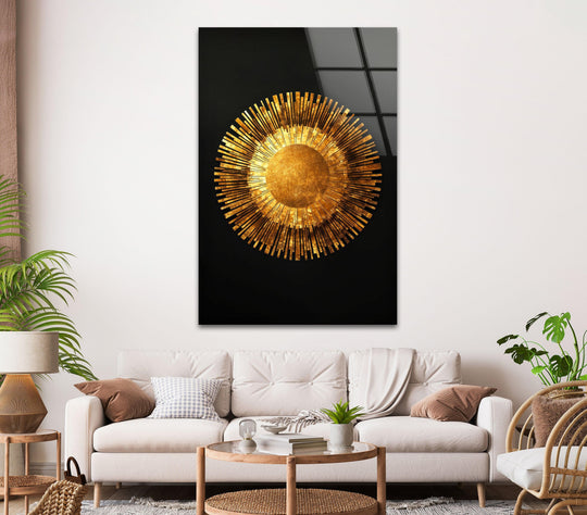 A radiant gold sunburst creates dynamic visual rhythm on this abstract glass wall art print.