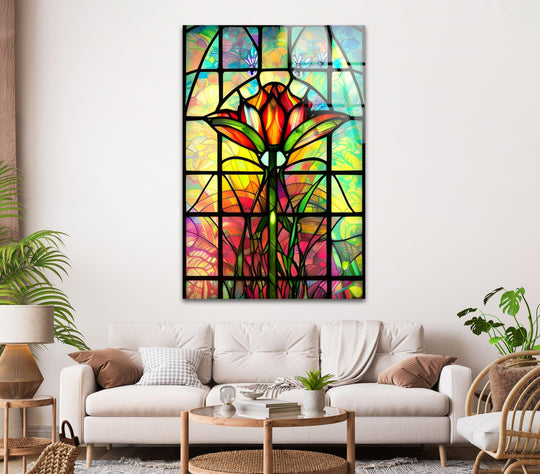 The abstract floral elements in this orange stained glass wall art capture unique modern wall decor with its flower's organic forms.